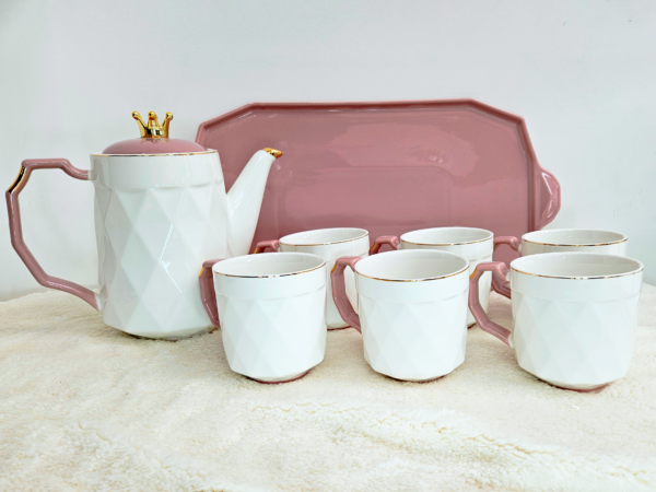 SET CHAROL 6 TAZAS Y JARRA ROSA CON BLANCO - Imagen 2