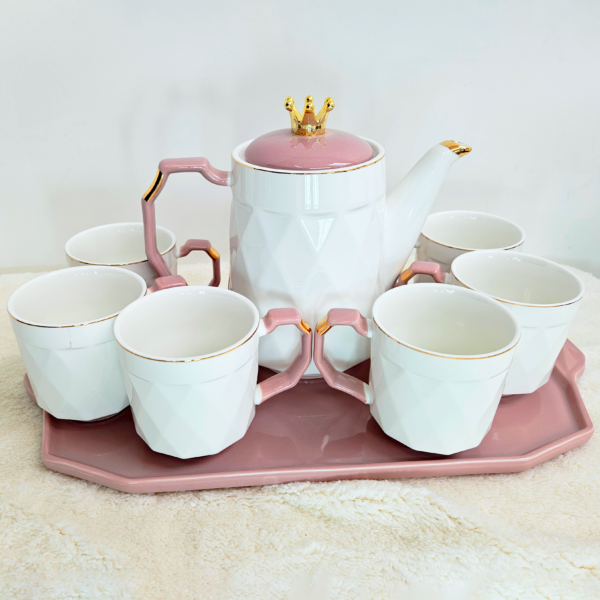 SET CHAROL 6 TAZAS Y JARRA ROSA CON BLANCO