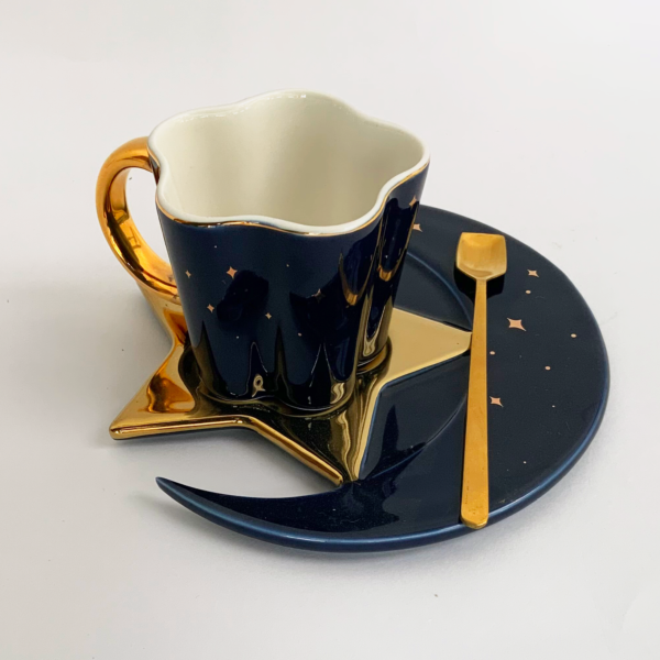 TAZA PLATO Y CUCHARA CERAMICA DE ESTRELLA AZUL