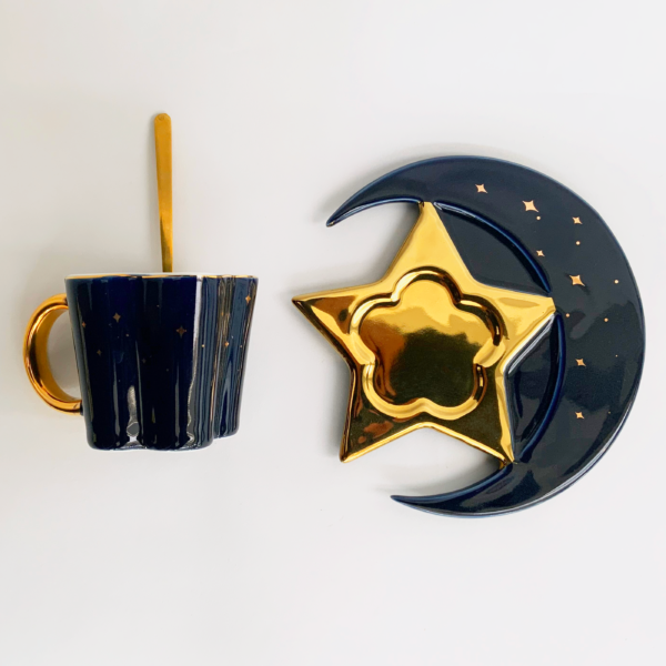 TAZA PLATO Y CUCHARA CERAMICA DE ESTRELLA AZUL - Imagen 2